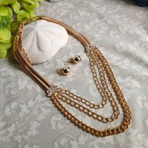 Classic Gold 3 Strand Chain Necklace Earrings Set